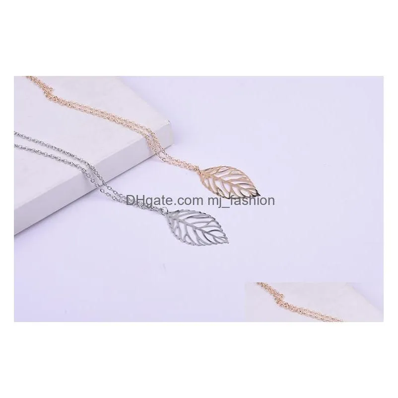 fashion simple 2 pieces leaves choker necklace women gold silver plated hollow leaves pendant charm for ladies jewelry gift