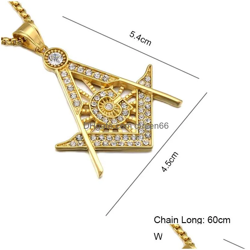 stainless steel masonic symbol necklaces men s micro pave rhinestone pendant gold silver plated titanium chains for women punk