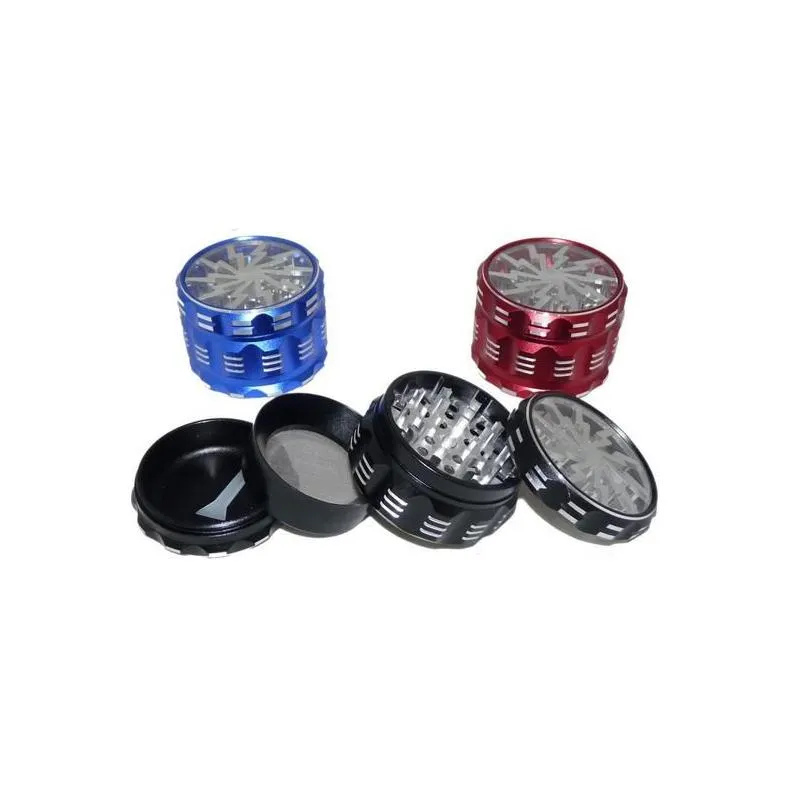 tobacco smoking herb grinders four layers aluminium alloy material 100% metal dia 63mm mixed color with clear top window lighting