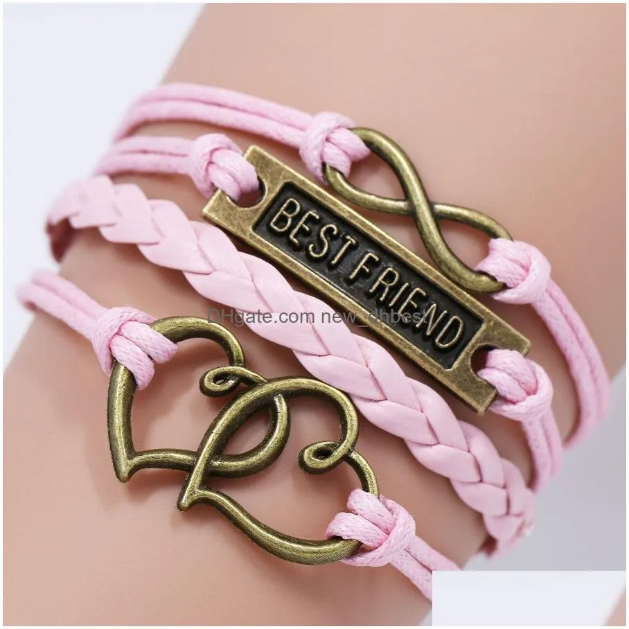 classic best friend letter charm bracelets for women men braided leather rope double heart infinity wrap bracelet friendship jewelry