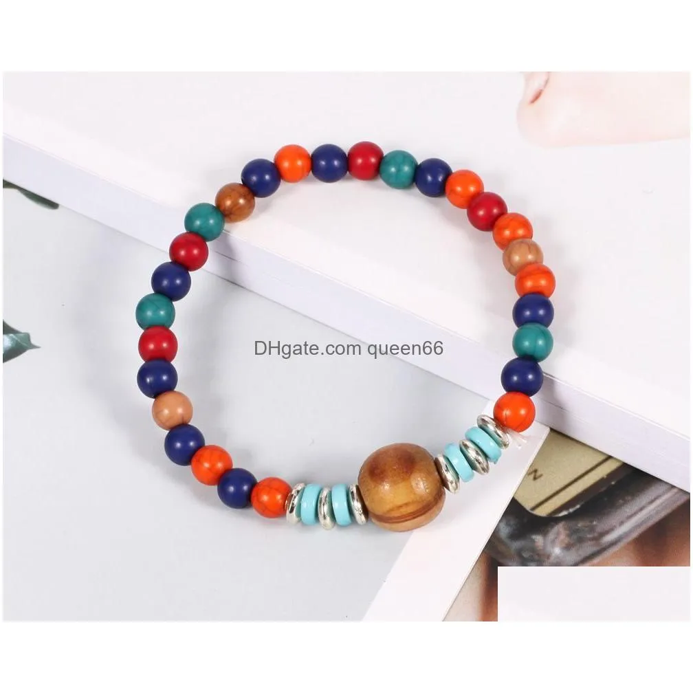 4pcs/set bohemian wooden beaded chains bracelets for women tree of life metal rose flower charm wood beads bangle fashion boho jewelry