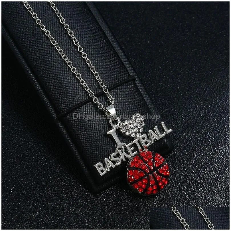 new i love volleyball necklaces crystal letter heart basketball football pendant silver chains for women fashion sports jewelry gift