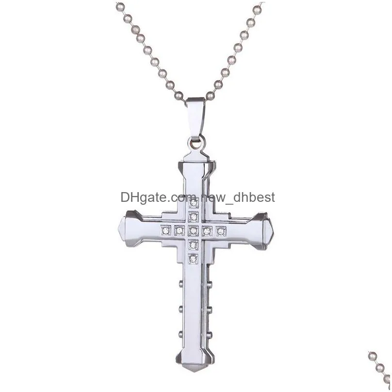 mens crystal cross pendant necklace for women double layer stainless steel crucifix jesus charm chains fashion religion jewelry