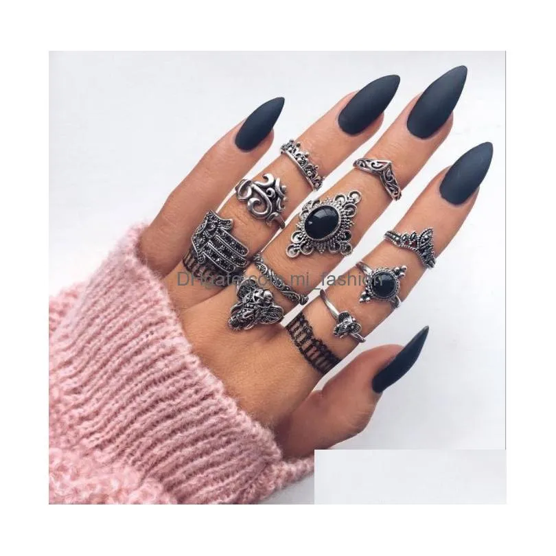 boho midi knuckle finger rings sets for women beach opal crystal crescent ancient silver geometric rings bohemian fashion jewelry in