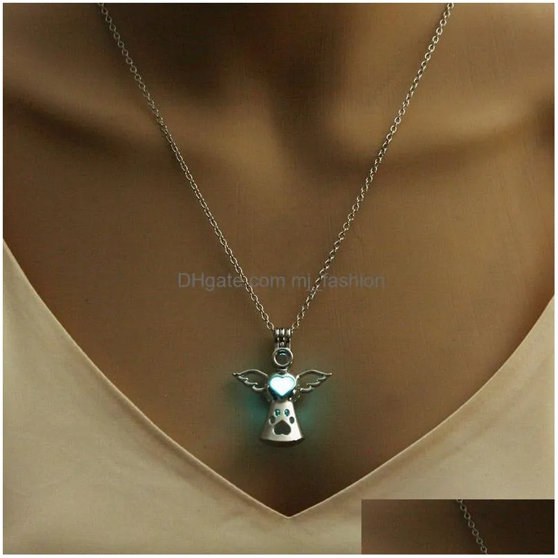 luxury luminous angel wings pendant necklaces glow in the dark open cage locket charm chains for women men fashion jewelry in bulk