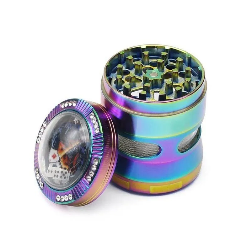 tobacco smoking herb grinders four layers aluminium alloy material 100% metal dia 63mm mixed color with clear top window lighting