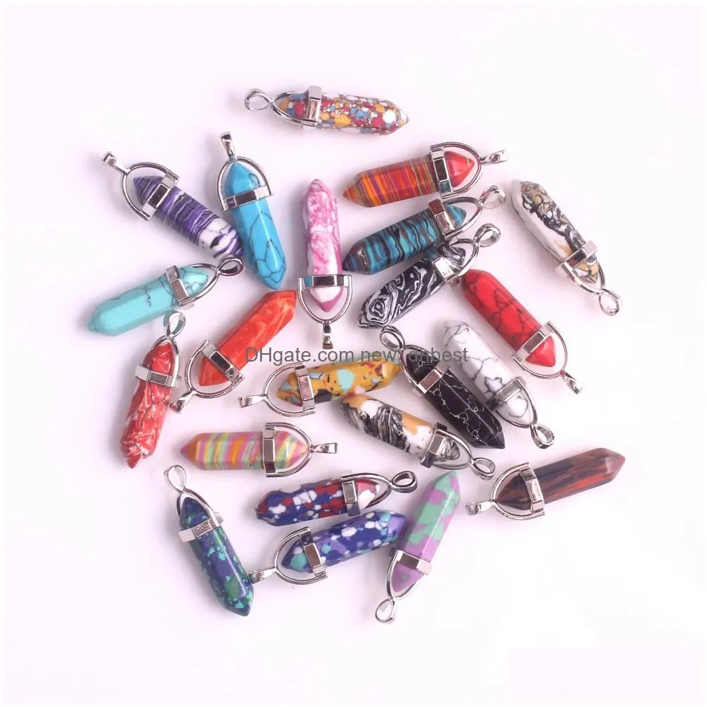 mix natural stone pendant necklaces hexagonal prism crystal quartz bullet point charm chains for women mens fashion jewelry in bulk
