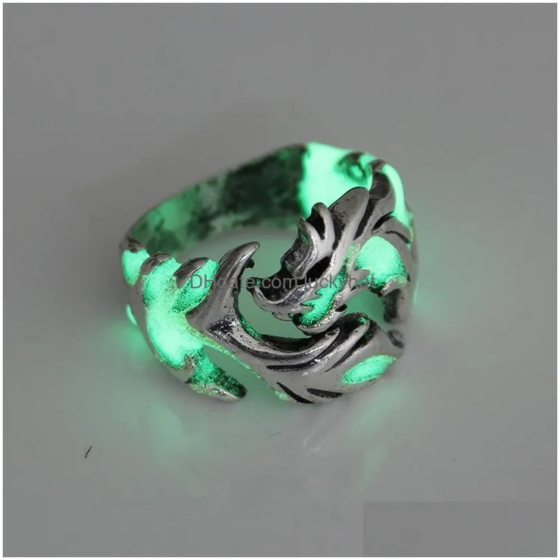 fashion glow in the dark rings vintage retro mens luminous dragon shape finger ring for male punk jewelry gift