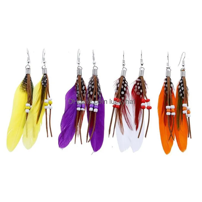 bohemian long feather tassel dangle earrings for women beads feather ethnic drop earring girls statement boho jewelry gift