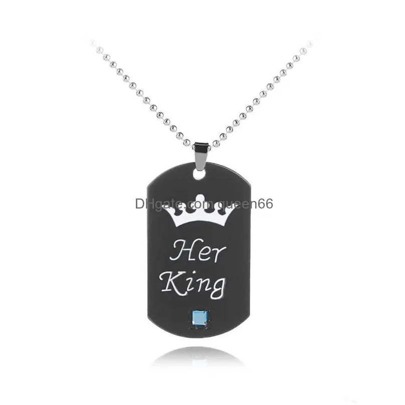 new her king his queen pendants necklace dog tag crown lettering keychain beaded chains for women men couple lovers jewelry gift
