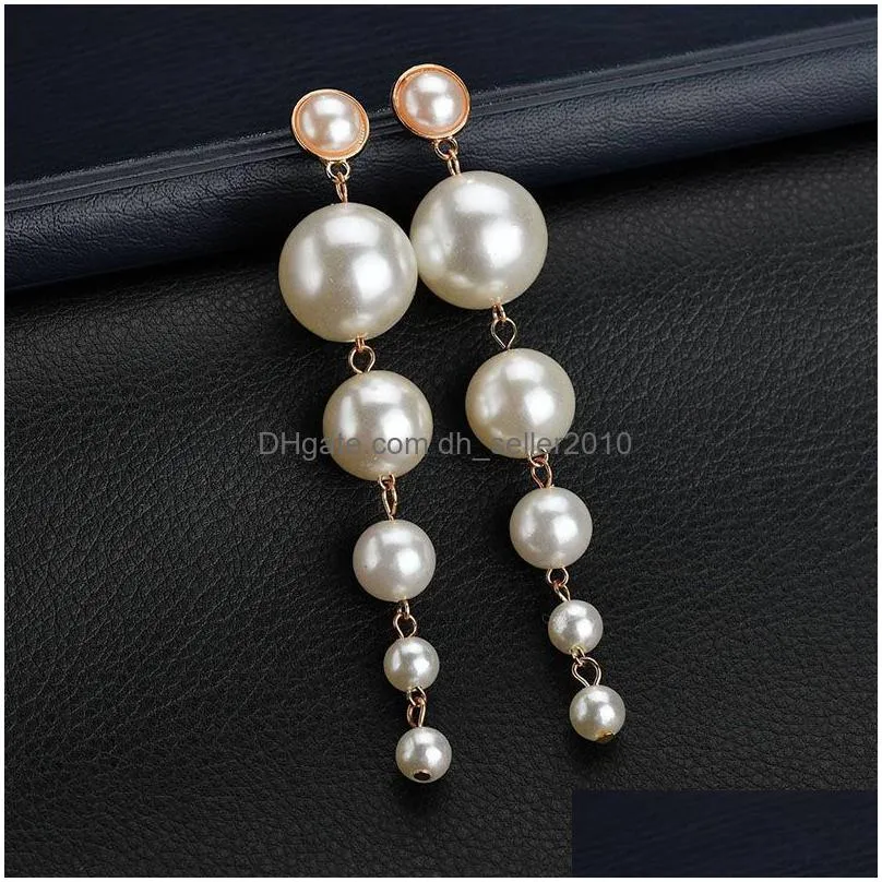 new trendy elegant tassel big simulated pearl long earrings pearls string statement crystal dangle earrings for women wedding jewelry