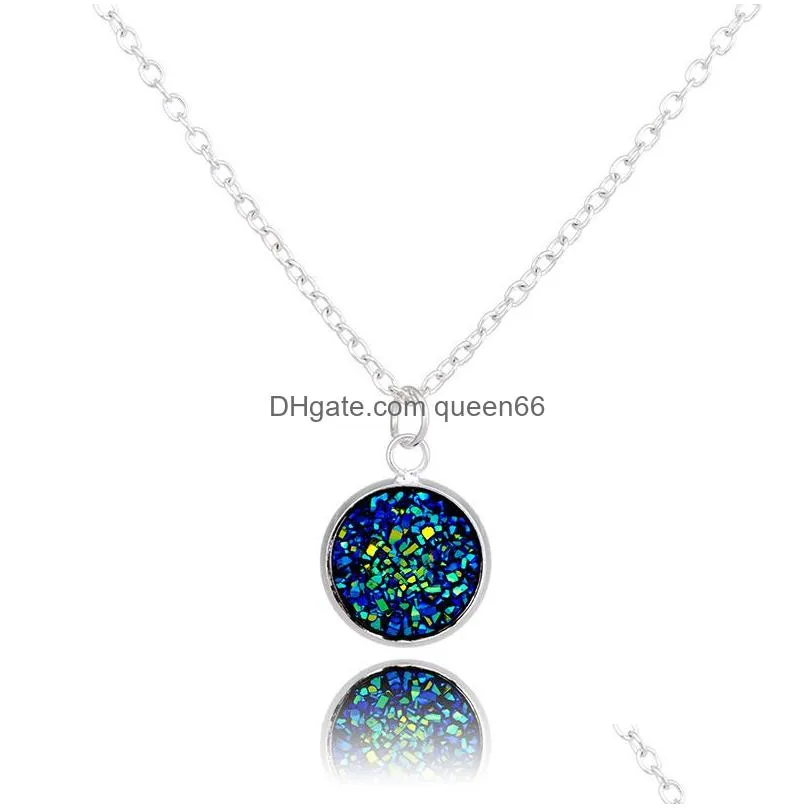 new fashion round druzy necklaces 6 colors bling natural stone drusy pendant charm link chain necklace for women luxury jewelry gift