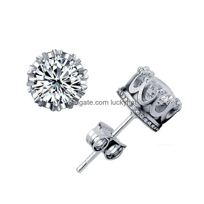 korean 925 sterling silver crown stud earrings gold and silver cubic zirconia cz earring for women luxury wedding jewelry in bulk