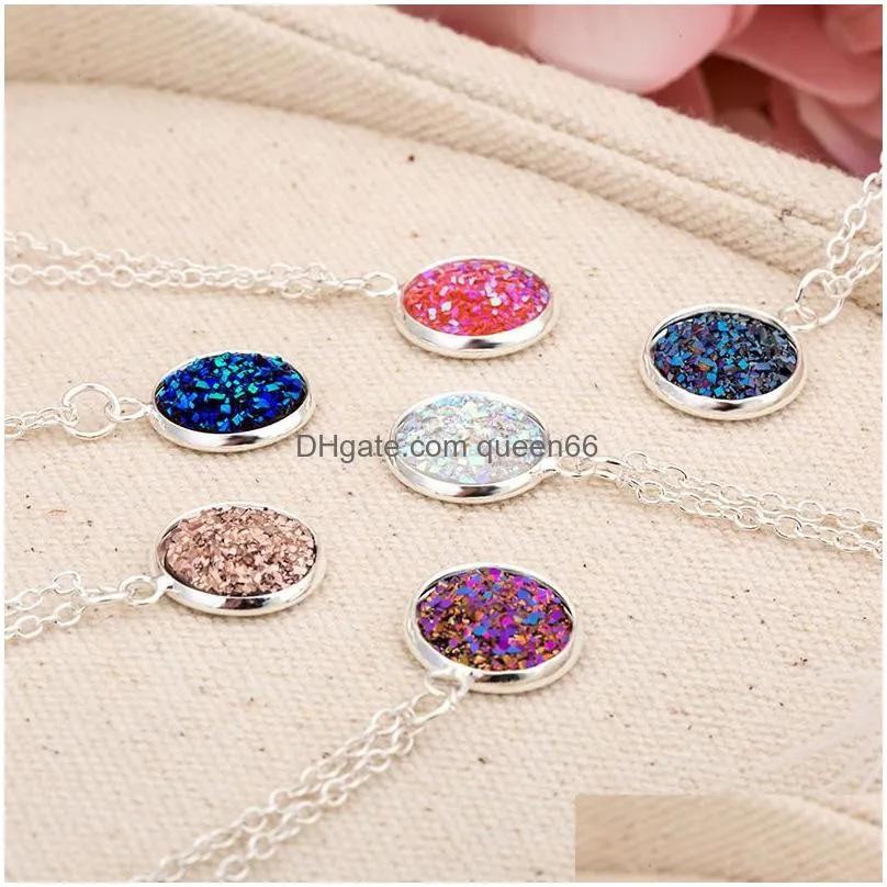 new fashion round druzy necklaces 6 colors bling natural stone drusy pendant charm link chain necklace for women luxury jewelry gift