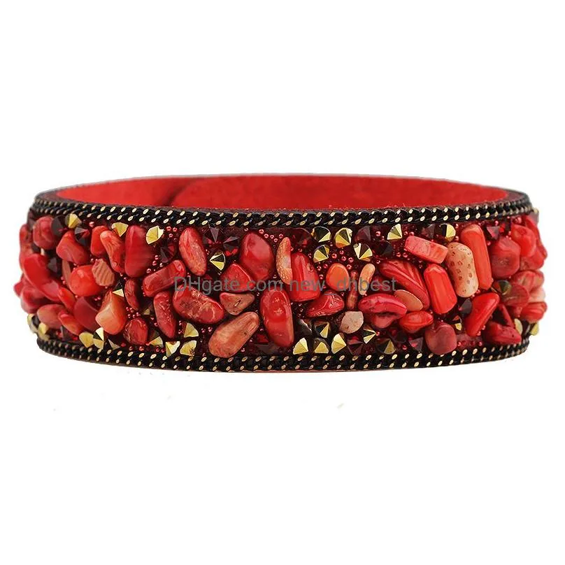 korean gravel velvet bangle multi color natural crystal stone wide leather wristbands bracelets for women female fashion jewelry hot