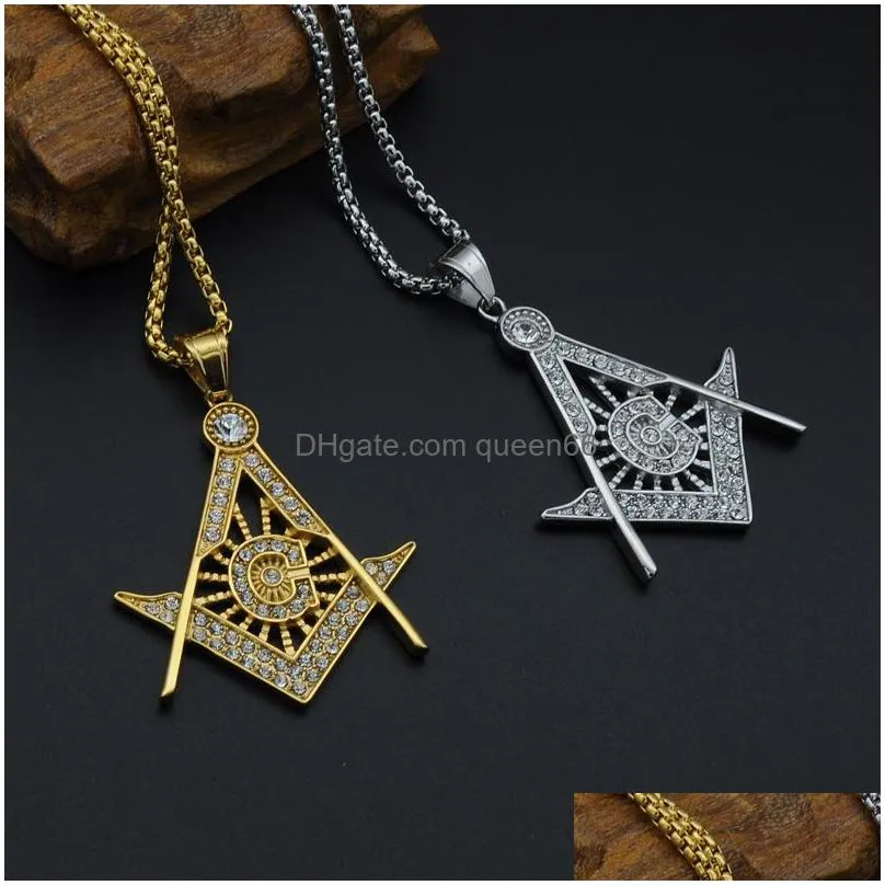 stainless steel masonic symbol necklaces men s micro pave rhinestone pendant gold silver plated titanium chains for women punk