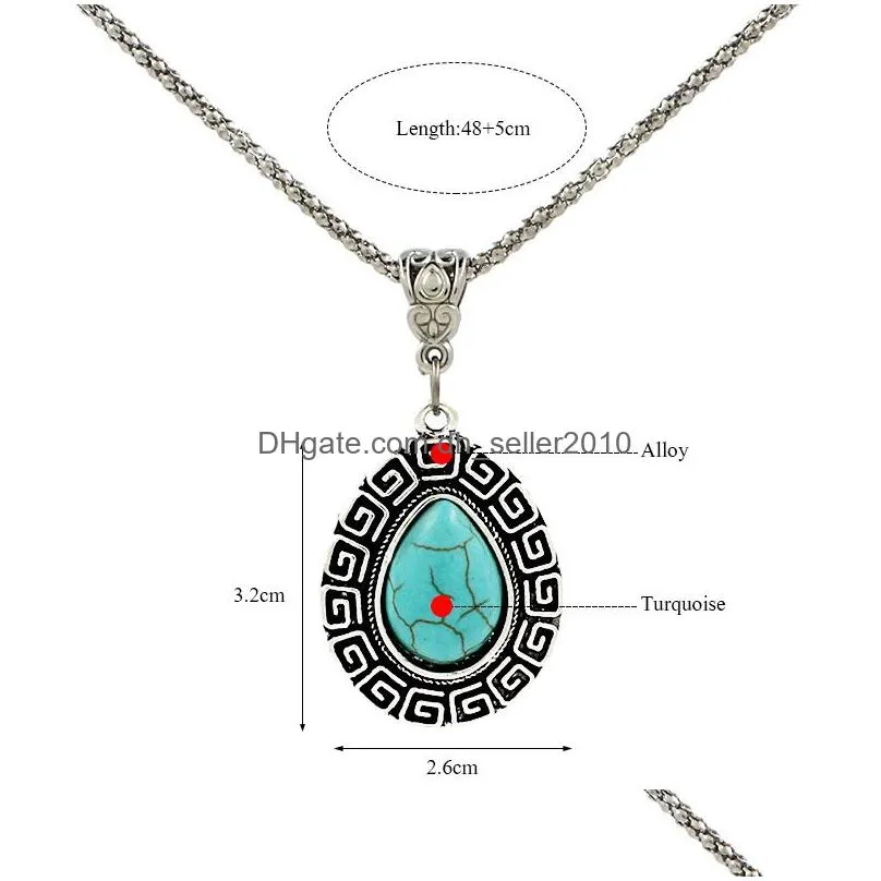 vintage turquoise necklaces square elephant heart leaves flower natural stone pendant long chains for women fashion jewelry gift