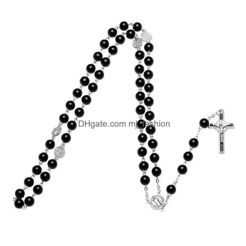 mens catholic rosary necklace for women christian jesus virgin mary cross crucifix pendant galss beaded chains luxury jewelry in bulk