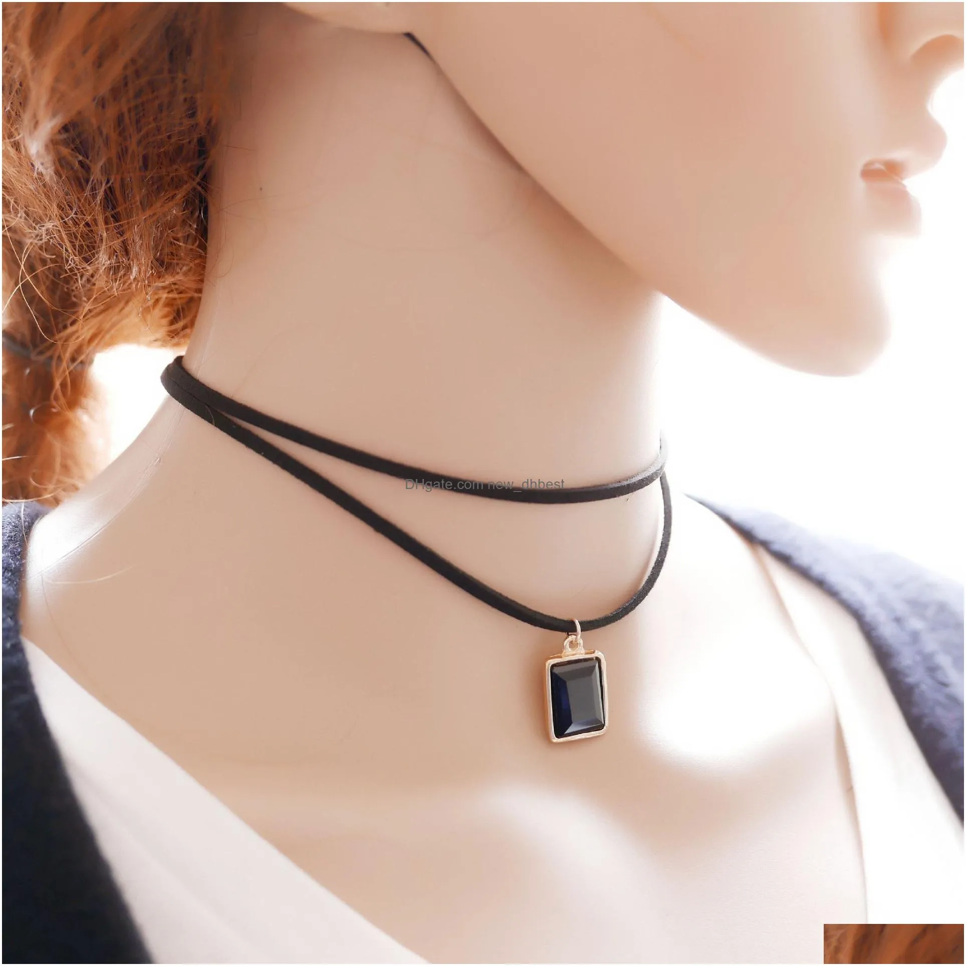 2016 new multilayer black imitation leather choker necklace gothic chain charm gem pendant vintage for women fashion jewelry
