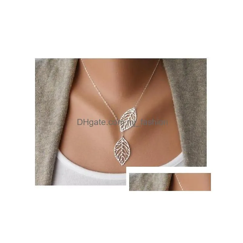 fashion simple 2 pieces leaves choker necklace women gold silver plated hollow leaves pendant charm for ladies jewelry gift