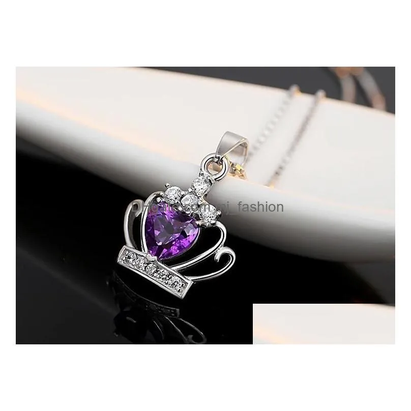 korean womens crown pendant necklaces queen princess purple white crystal diamond charm silver plated chain for ladies fashion