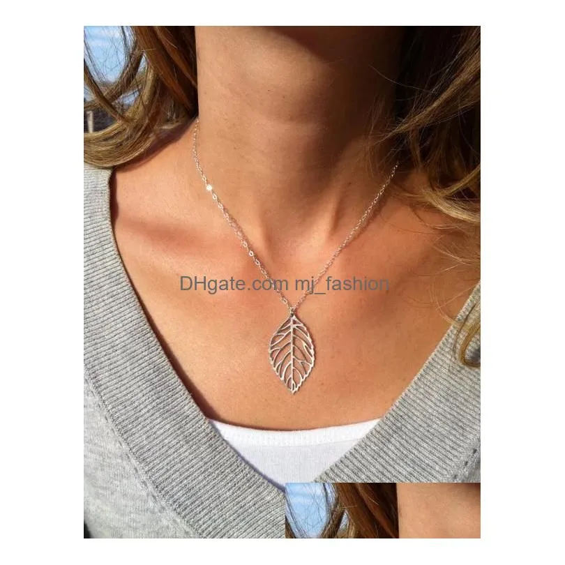 fashion simple 2 pieces leaves choker necklace women gold silver plated hollow leaves pendant charm for ladies jewelry gift