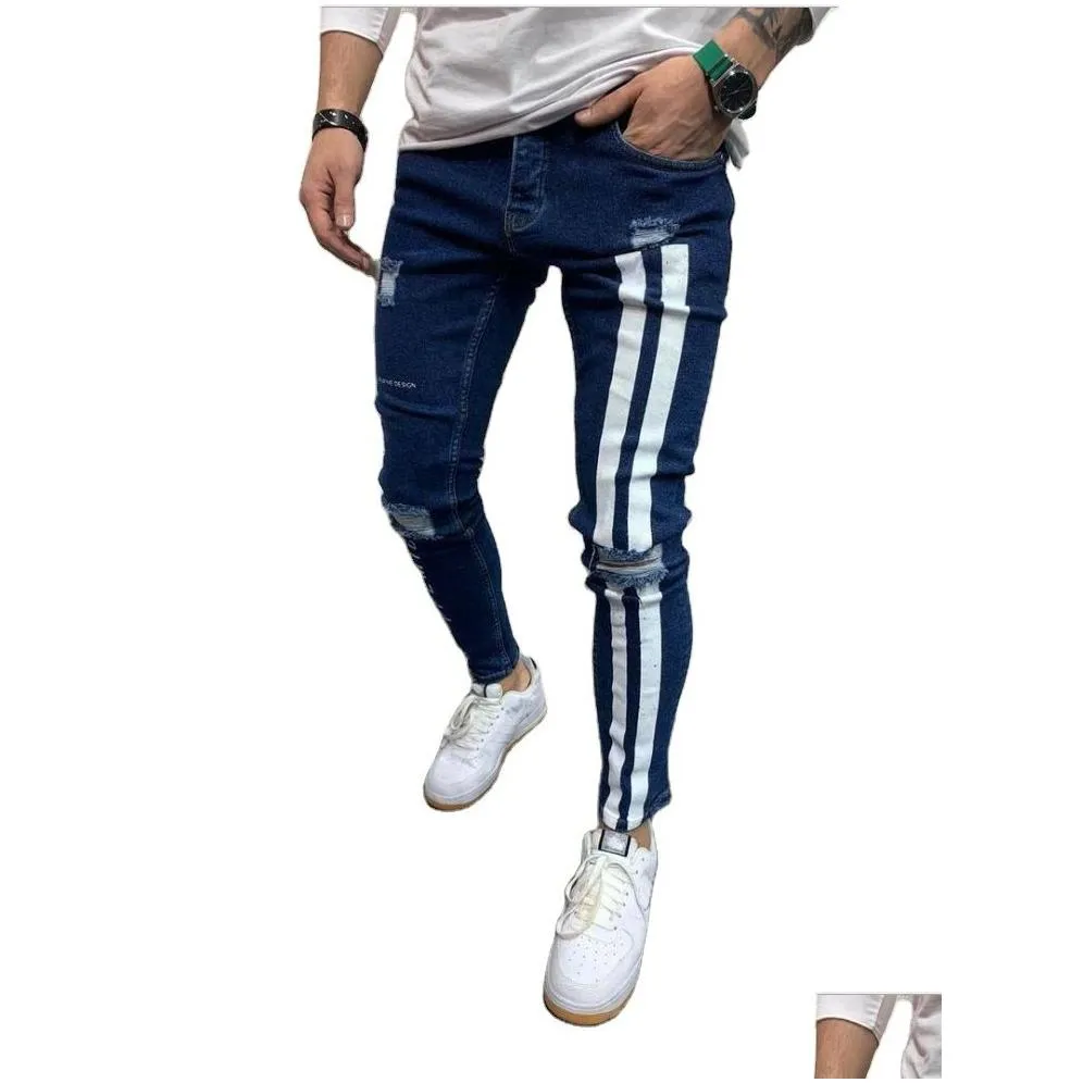 jeans men skinny striped zipper denim hole wash vintage hip hop work trousers slim printed jeans european big size men clothing