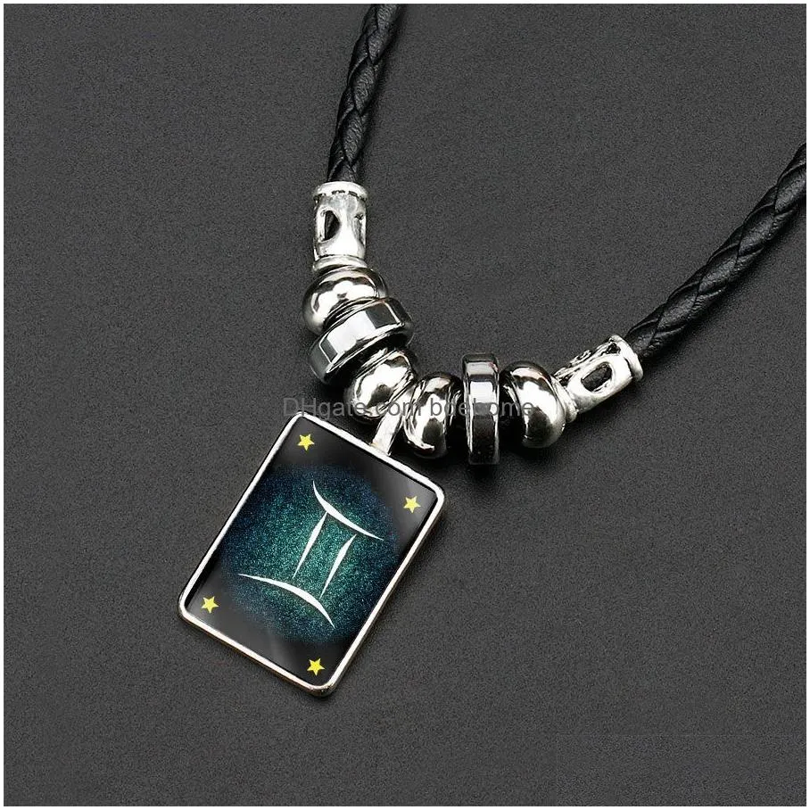 luminous 12 zodiac sign necklaces glow in the dark constellation obsidian pendant leather rope chains for women men fashion jewelry