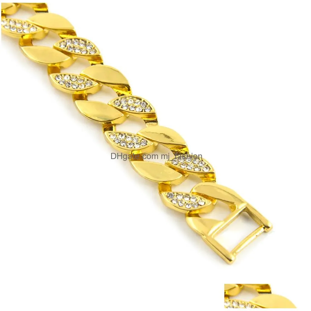 hip hop jewelry mens iced out bracelets luxury simulated half diamond bangles gold filled  cuban link chain for mens fashion