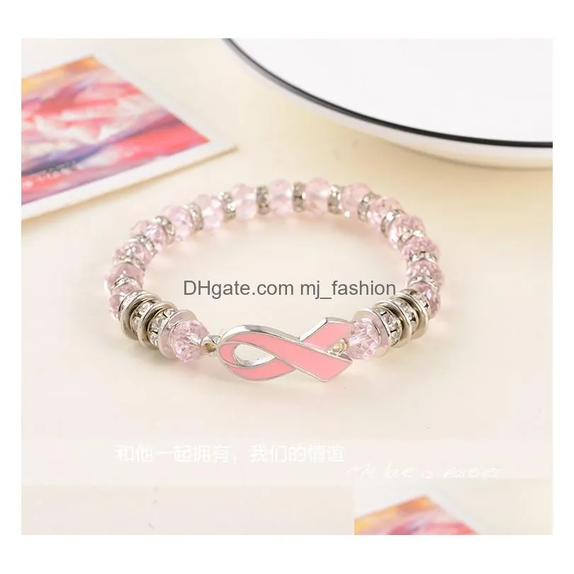 new arrival breast cancer awareness bracelets women pink ribbon breast cancer bangle glass beads chains for ladies fashion diy jewelry