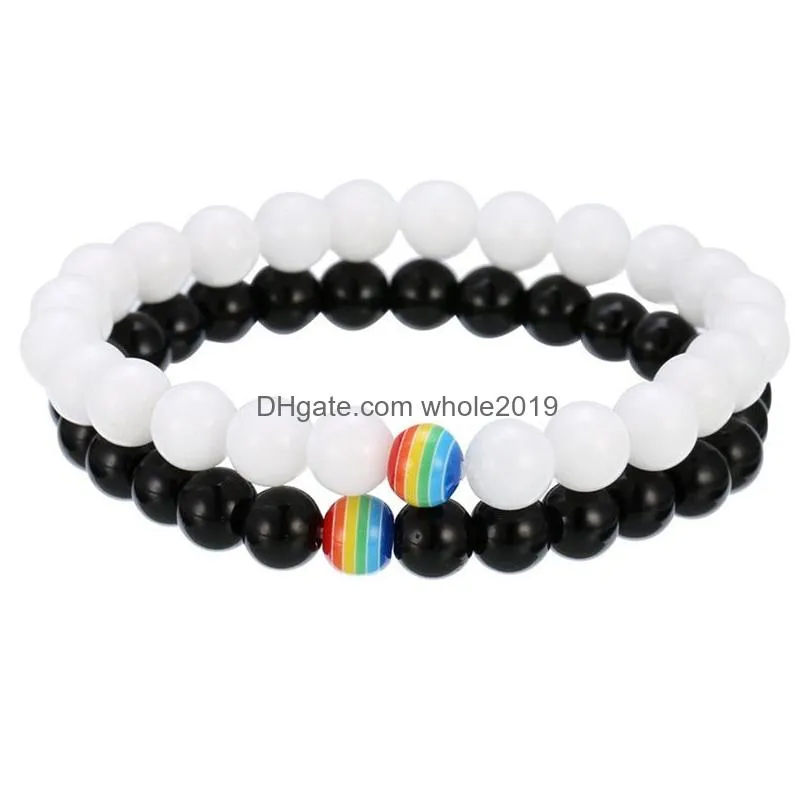 rainbow flag sign distance lgbt pride couple bracelet for women men gay lesbian black white beads chains charm bangle fashion jewelry