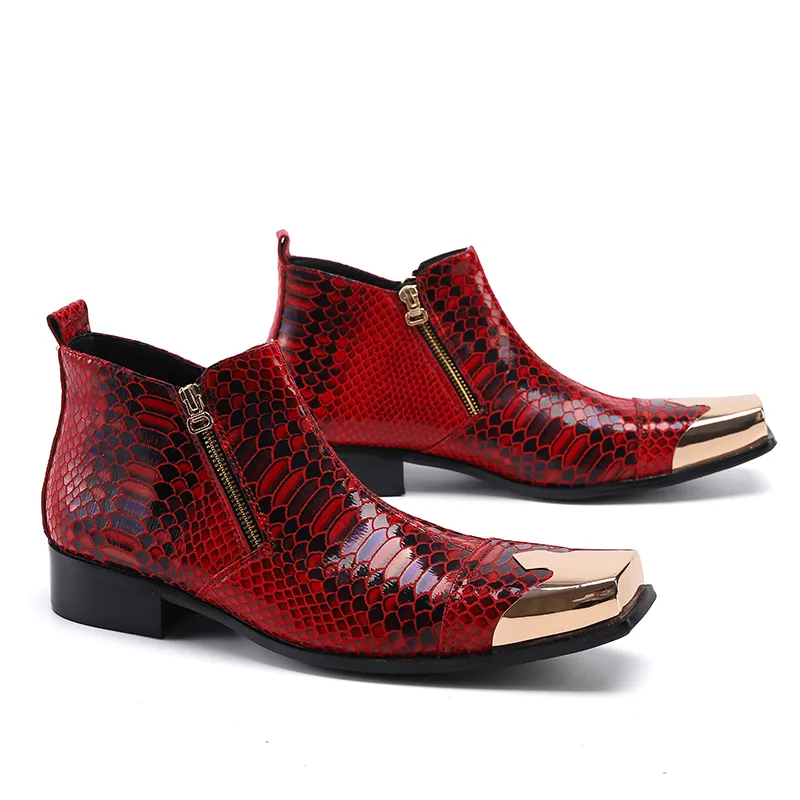 Winter British Genuine leather Ankle Boots For Men Red Snake Skin Square Toe Metal Military Boots Motorcycle Dress Party Man