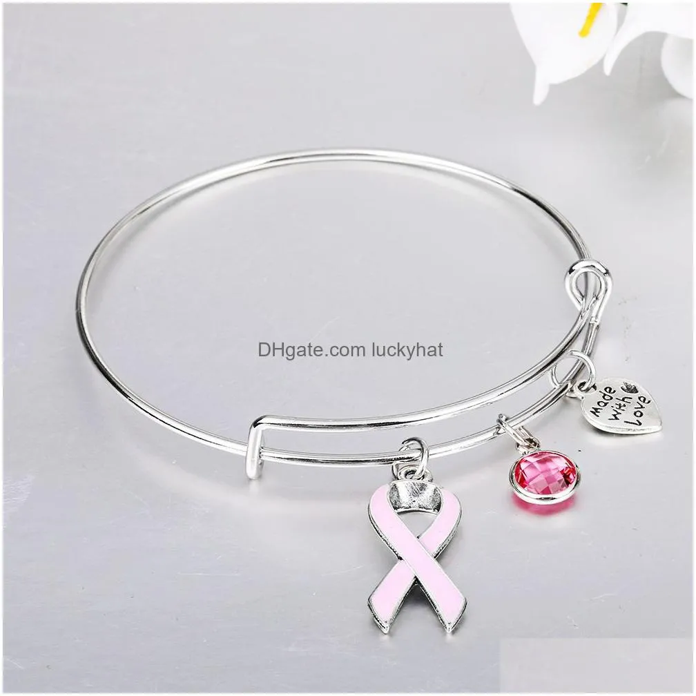 2019 women pink ribbon charm bracelets for female breast cancer awareness extendable silver wire bangle nursing survivor jewelry gift