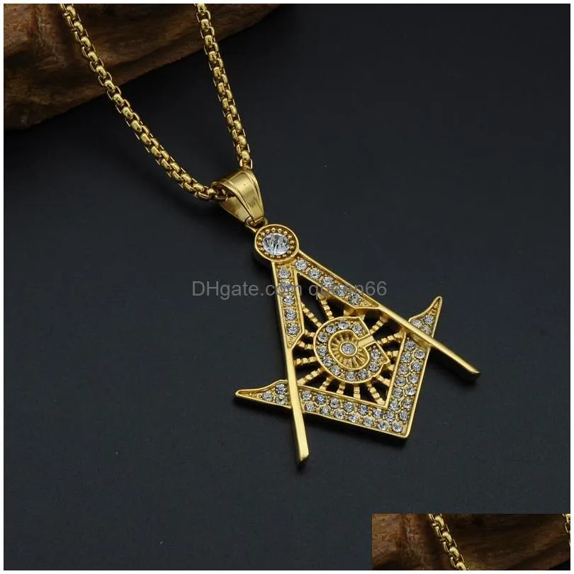 stainless steel masonic symbol necklaces men s micro pave rhinestone pendant gold silver plated titanium chains for women punk