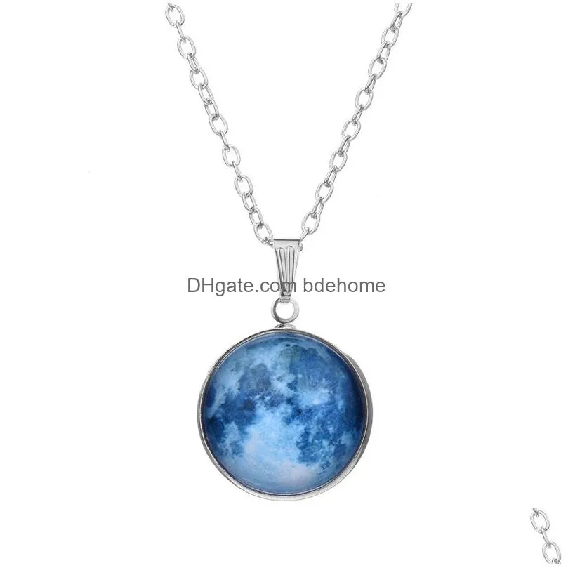 luminous galaxy universe nebula necklaces glow in the dark cabochon glass star moon pendant silver chain for women men fashion jewelry