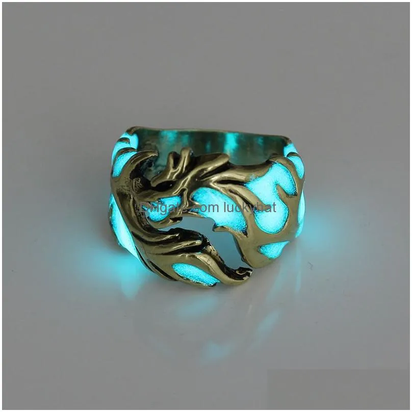 fashion glow in the dark rings vintage retro mens luminous dragon shape finger ring for male punk jewelry gift