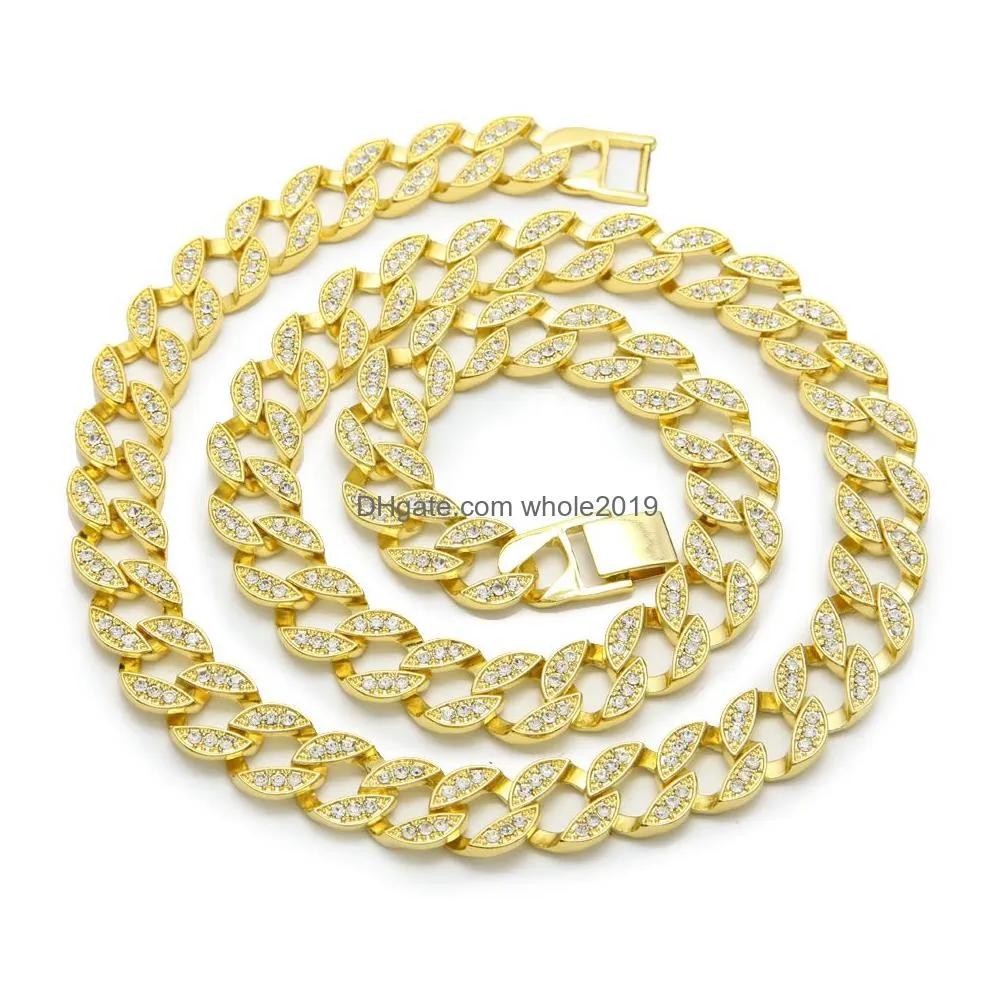 new  cuban link gold plated iced out white diamond chains long necklaces for mens hip hop jewelry hot sell