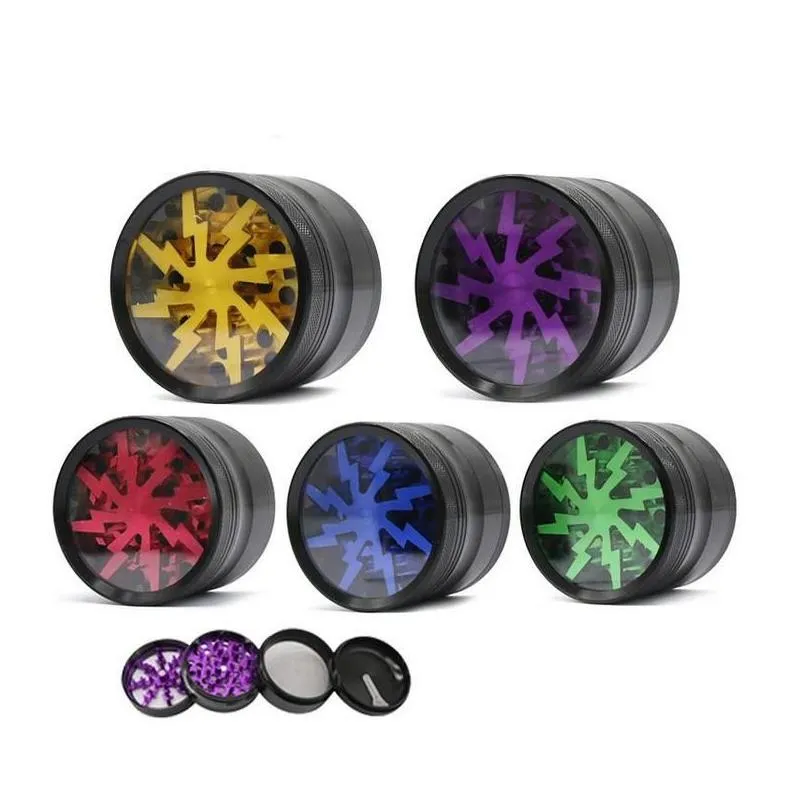tobacco smoking herb grinders four layers aluminium alloy material 100% metal dia 63mm mixed color with clear top window lighting