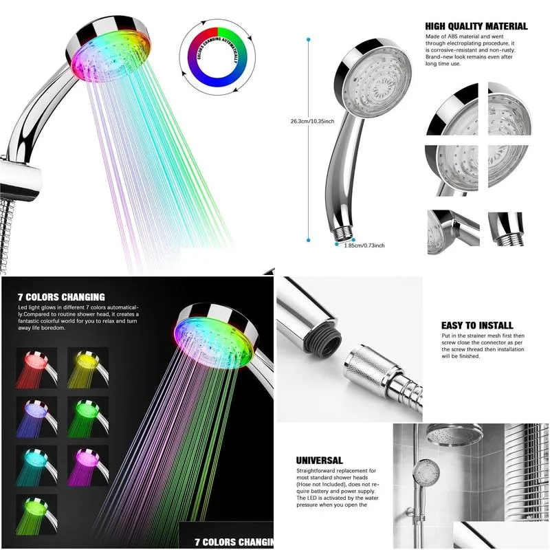 color changing shower head led light glowing automatic 7 handheld water saving bathroom decor 220401