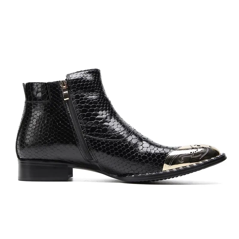 Fashion Italian Type Handmade Men's Boots Iron Toe Snake Skin Genuine Leather Boots Men Botas Hombre Punk Fashion Party Boots