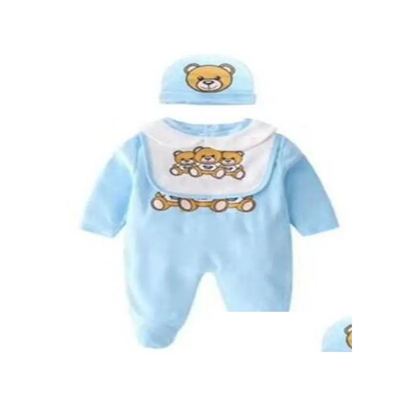 designer cute born baby clothes set infant baby boys printing bear romper baby girl jumpsuitaddbibs addcap outfits set 0-18 month