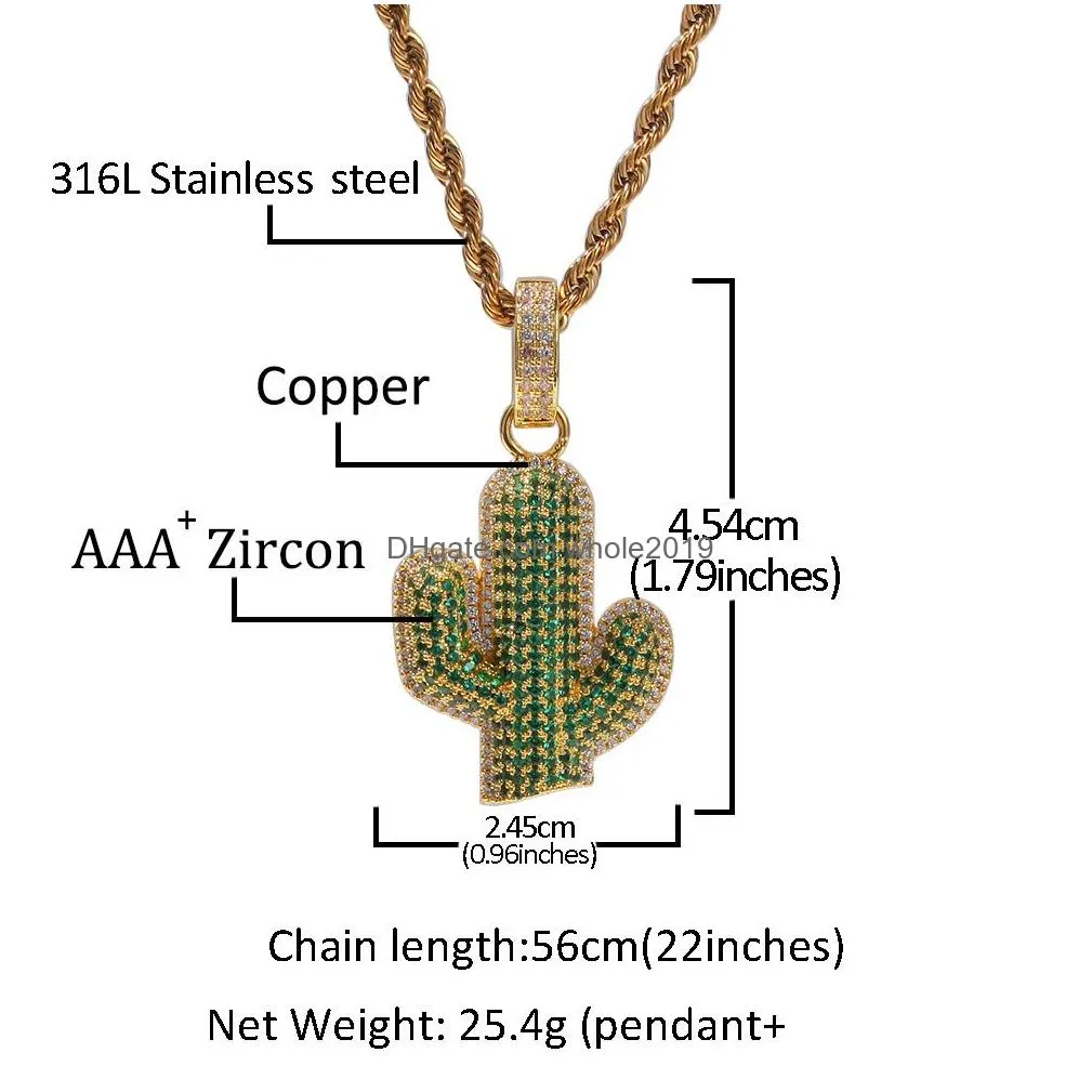 hip hop solid cactus necklaces for mens cz bling iced out desert plant pendant gold silver twisted rope chain women hiphop jewelry