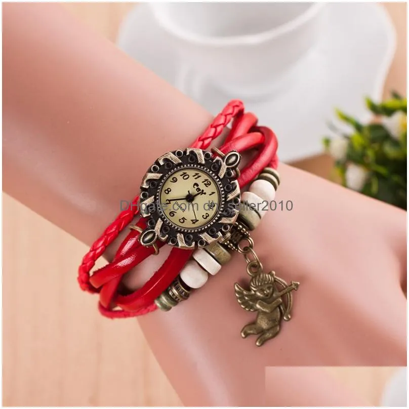 fashion womens bracelet watches multi layer leather weave cupid punk charm bangle quartz watch for female luxury diy jewelry wholesale