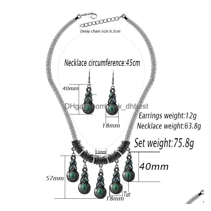 fashion ethnic style statement necklaces earrings set turquoise women necklace earrings jewelry 2pcs sets for lobster clasp jewelry