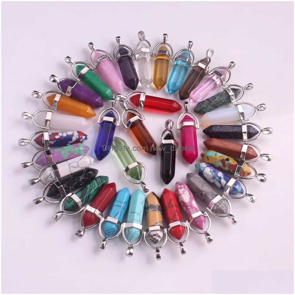 mix natural stone pendant necklaces hexagonal prism crystal quartz bullet point charm chains for women mens fashion jewelry in bulk