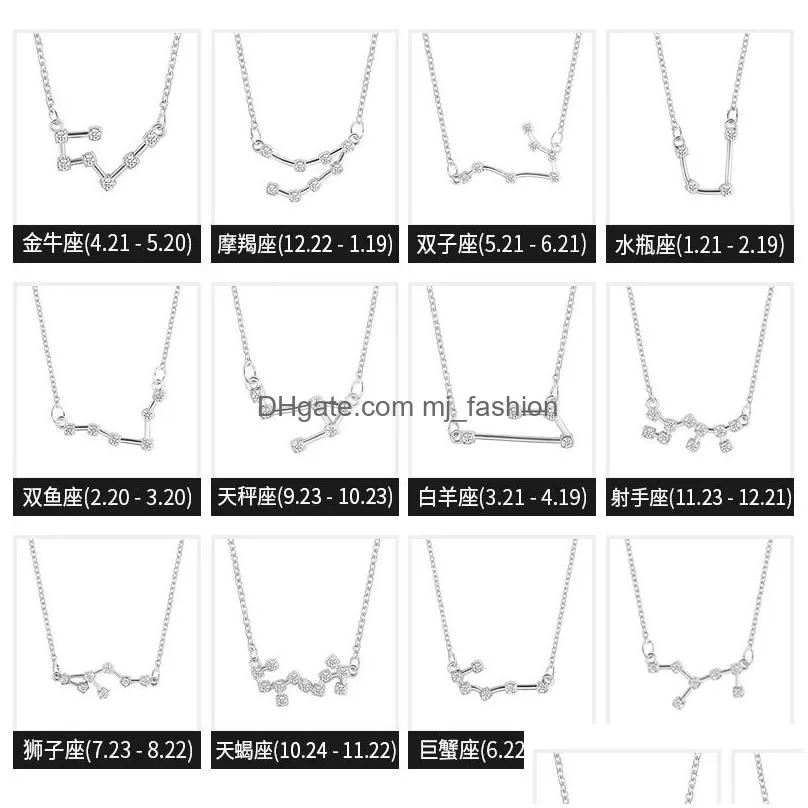 hot 12 zodiac sign necklaces korean cubic zirconia cz fake diamonds constellation shape pendant gold silver chains for women jewelry