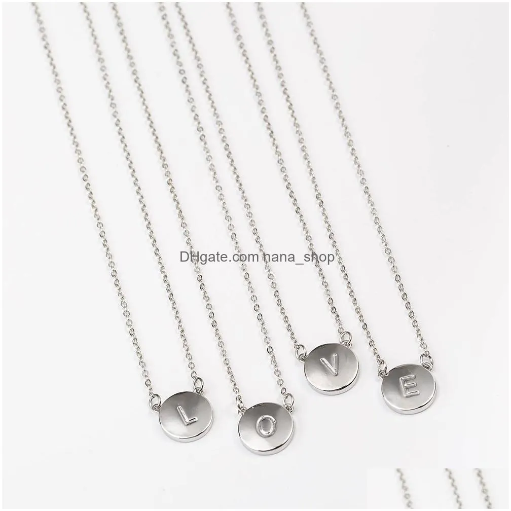 new double sided initial letter pendant necklaces for women simple round 26 alphabet charm silver chains fashion jewelry in bulk