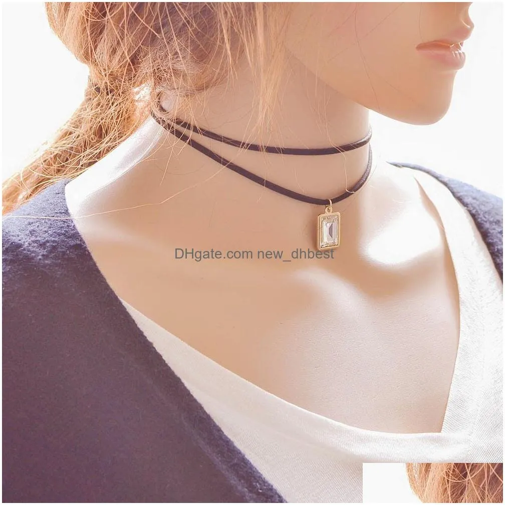 2016 new multilayer black imitation leather choker necklace gothic chain charm gem pendant vintage for women fashion jewelry