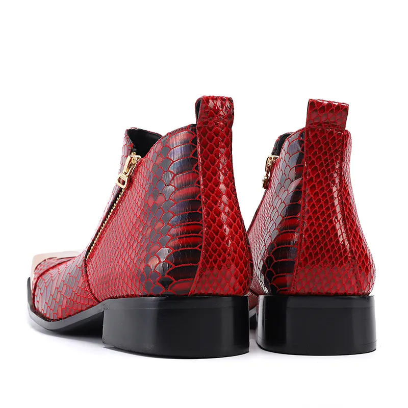 Winter British Genuine leather Ankle Boots For Men Red Snake Skin Square Toe Metal Military Boots Motorcycle Dress Party Man