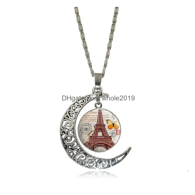 new fashion hollow carved gemstone necklace moon gemstone eiffel tower pendant necklaces for man women mix models jewelry